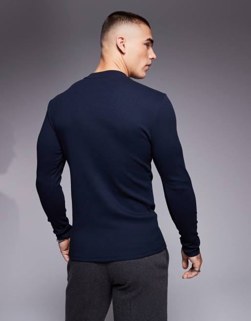 ASOS DESIGN muscle fit long sleeve t-shirt with half zip in navy, 2 of 4