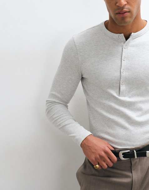 ASOS DESIGN muscle fit long sleeve t-shirt with henley in grey marl rib
