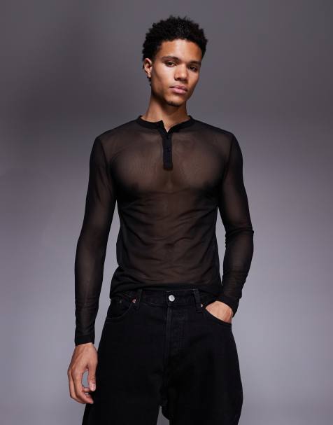 ASOS DESIGN muscle fit long sleeve t-shirt with henley neck in black mesh - view 1