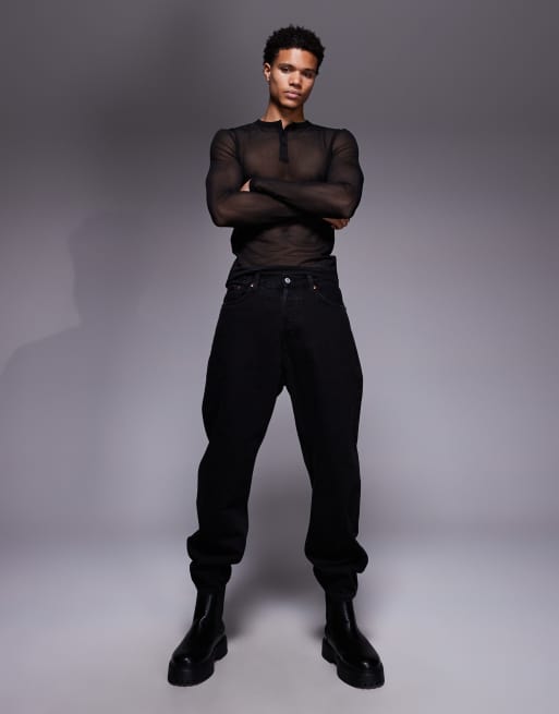 ASOS DESIGN muscle fit long sleeve t-shirt with henley neck in black mesh , 2 of 5