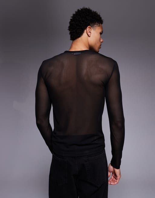 ASOS DESIGN muscle fit long sleeve t-shirt with henley neck in black mesh , 4 of 5