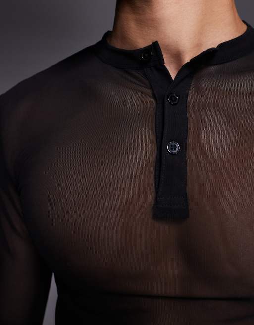 ASOS DESIGN muscle fit long sleeve t-shirt with henley neck in black mesh , 5 of 5
