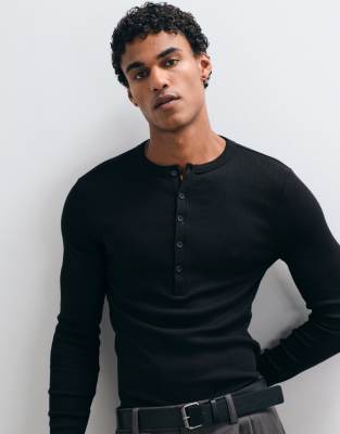 Asos Design Muscle Fit Long Sleeve Rib T-shirt With Henley Neck In Black
