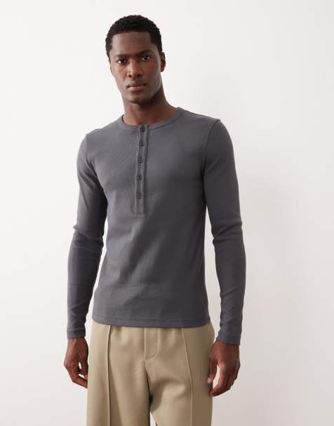 ASOS DESIGN muscle fit long sleeve t-shirt with henley neck in charcoal rib knit - view 1