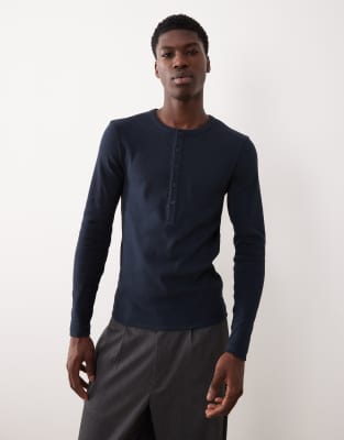 Asos Design Muscle Fit Long Sleeve T-shirt With Henley Neck In Blue