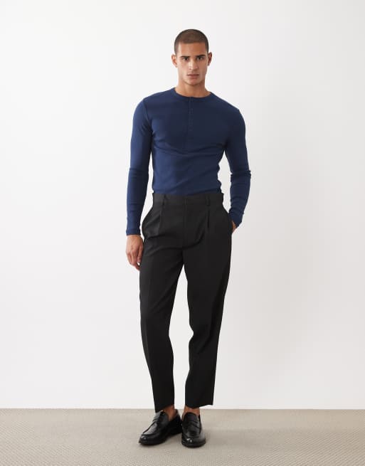 ASOS DESIGN muscle fit long sleeve t-shirt with henley neck in navy, 3 of 5