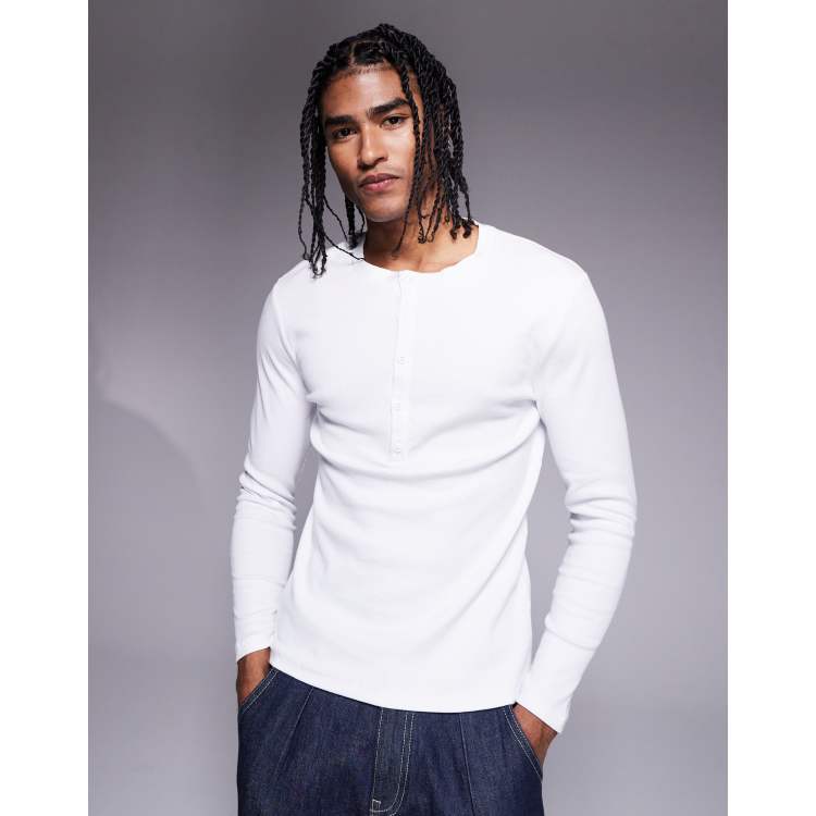 【INCHANT ME】[unisex] Ribbed Henley Neck Overfit T-Shirt Pima Long Sleeve Henley