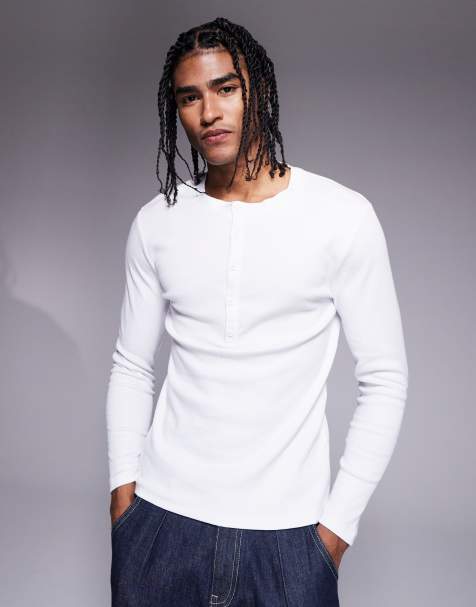 ASOS DESIGN muscle fit long sleeve t-shirt with henley neck in white rib - view 1