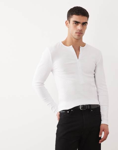 ASOS DESIGN muscle fit long sleeve t-shirt with henley neck in white smart rib