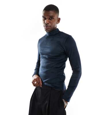 muscle fit long sleeve t-shirt with high neck in navy velour