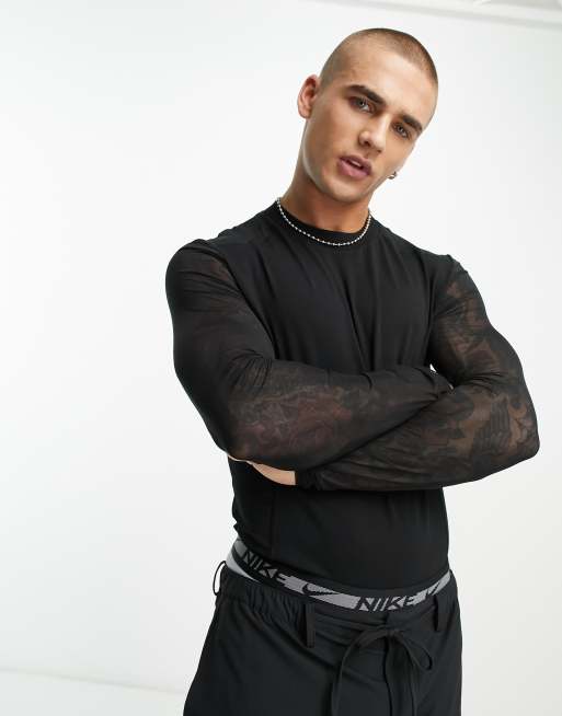 ASOS DESIGN muscle fit long sleeve mesh T-shirt in black