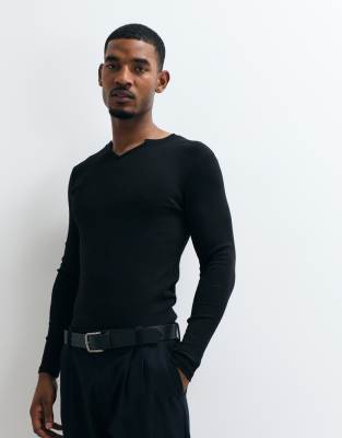 Asos Design Muscle Fit Long Sleeve T-shirt With Notch Neck In Black