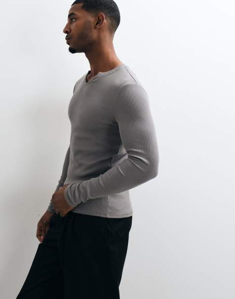 ASOS DESIGN muscle fit long sleeve t-shirt with notch neck in grey rib - view 1