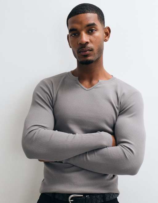 ASOS DESIGN muscle fit long sleeve t-shirt with notch neck in grey rib, 4 of 5