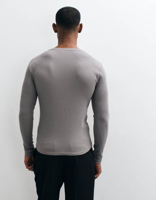 ASOS DESIGN muscle fit long sleeve t-shirt with notch neck in grey rib, 5 of 5