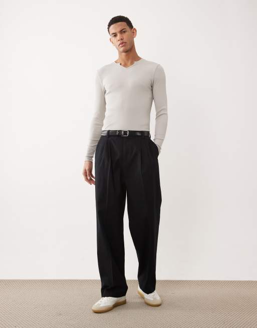 ASOS DESIGN muscle fit long sleeve t-shirt with notch neck in stone rib, 2 of 5