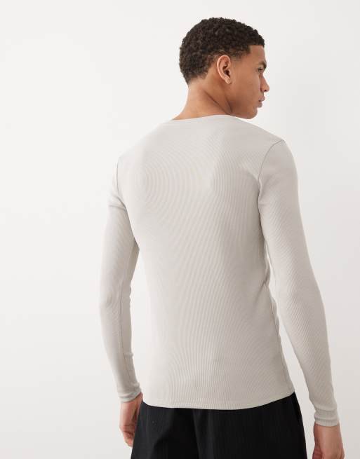 ASOS DESIGN muscle fit long sleeve t-shirt with notch neck in stone rib, 3 of 5