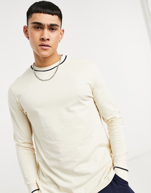 ASOS DESIGN muscle fit long sleeve t-shirt with tipping detail in beige