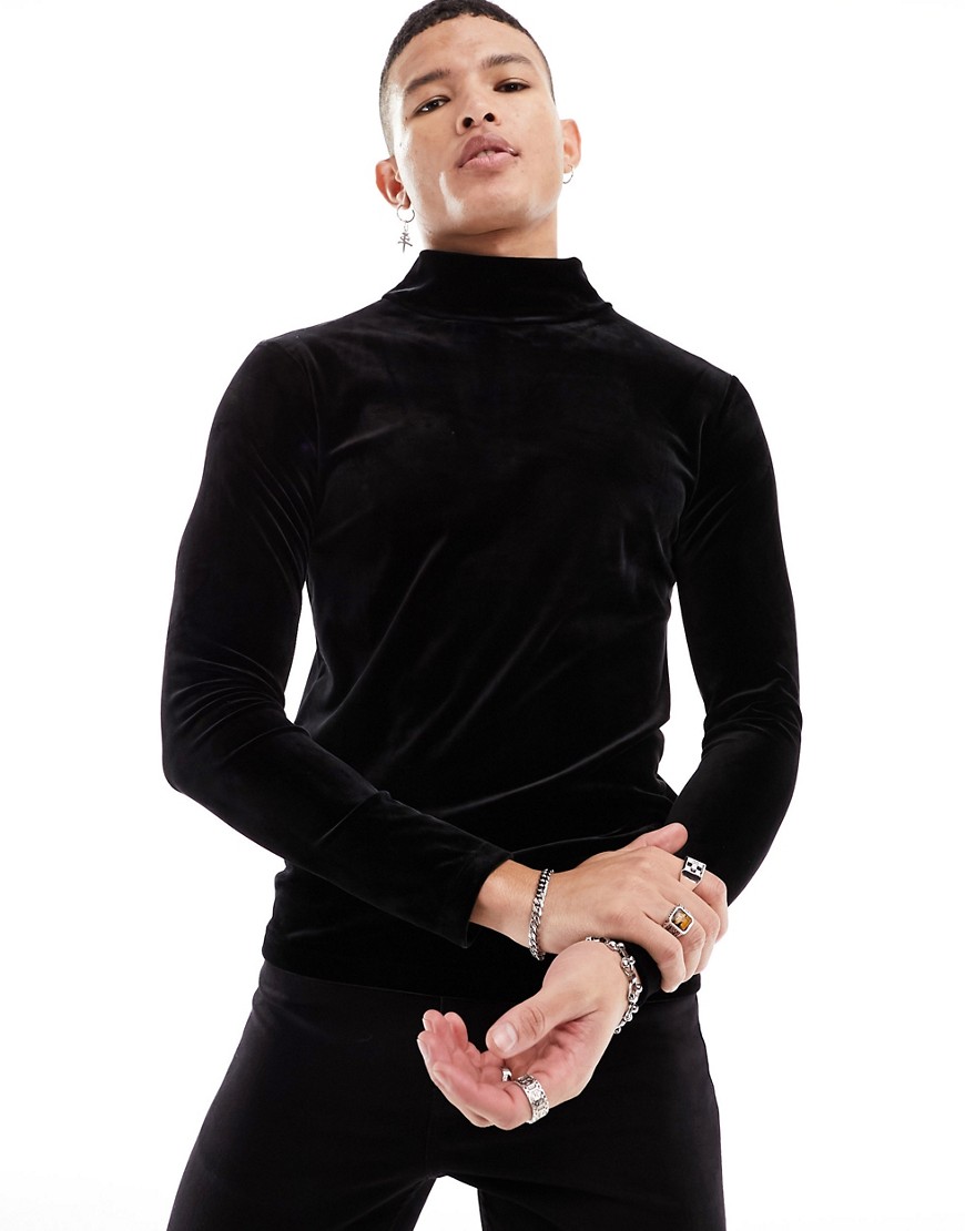 ASOS DESIGN muscle fit long sleeve t-shirt with turtle neck in black velour