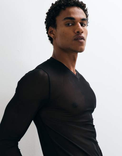 ASOS DESIGN muscle fit long sleeve t-shirt with v-neck in black mesh, 3 of 5