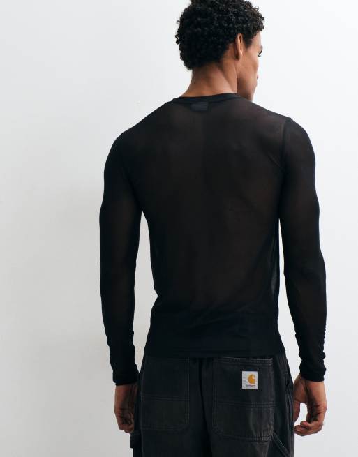 ASOS DESIGN muscle fit long sleeve t-shirt with v-neck in black mesh, 5 of 5