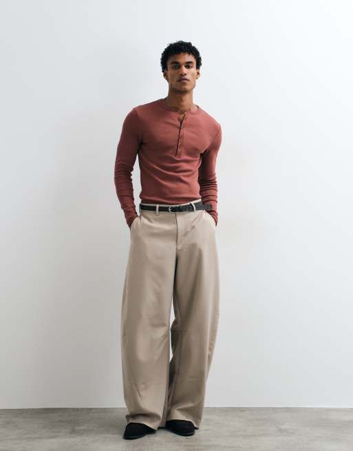 ASOS DESIGN muscle fit long sleeve T-shirt with woven henley in rust rib, 2 of 10