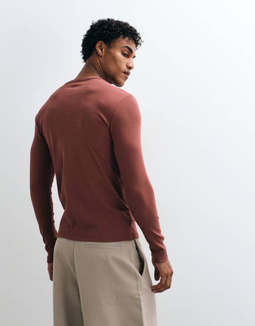 ASOS DESIGN muscle fit long sleeve T-shirt with woven henley in rust rib, 3 of 10