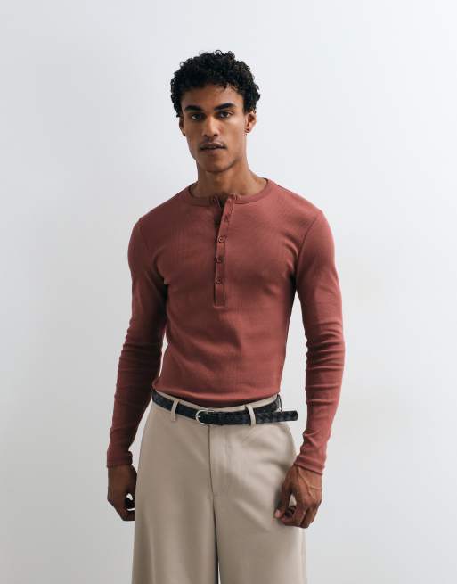 ASOS DESIGN muscle fit long sleeve T-shirt with woven henley in rust rib, 5 of 10