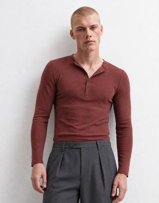 ASOS DESIGN muscle fit long sleeve T-shirt with woven henley in rust rib, 6 of 10