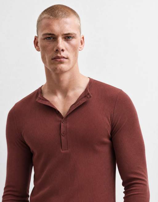 ASOS DESIGN muscle fit long sleeve T-shirt with woven henley in rust rib, 7 of 10