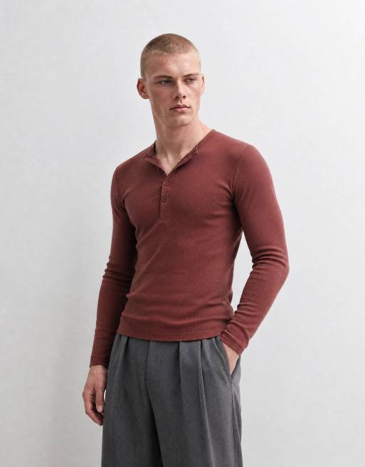 ASOS DESIGN muscle fit long sleeve T-shirt with woven henley in rust rib, 9 of 10
