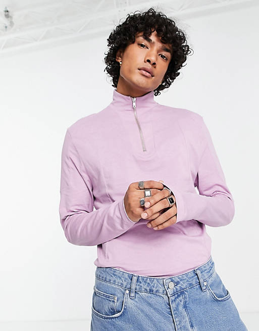 muscle fit long sleeve t-shirt with zip turtle in purple 
