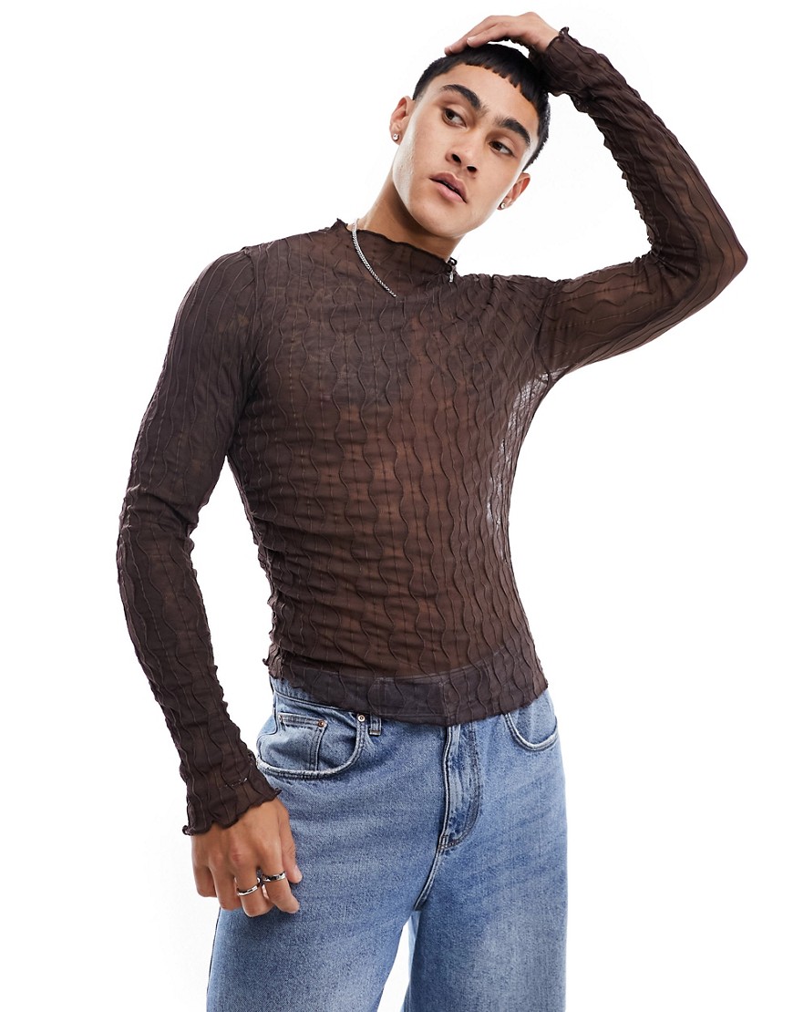 ASOS DESIGN muscle fit long sleeve turtle neck in brown sheer texture