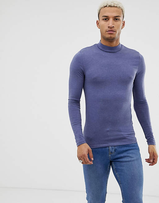 ASOS DESIGN muscle fit long sleeve turtle neck t-shirt in blue | ASOS