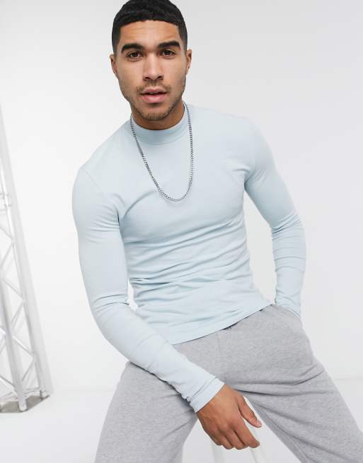 Light blue mock outlet neck top