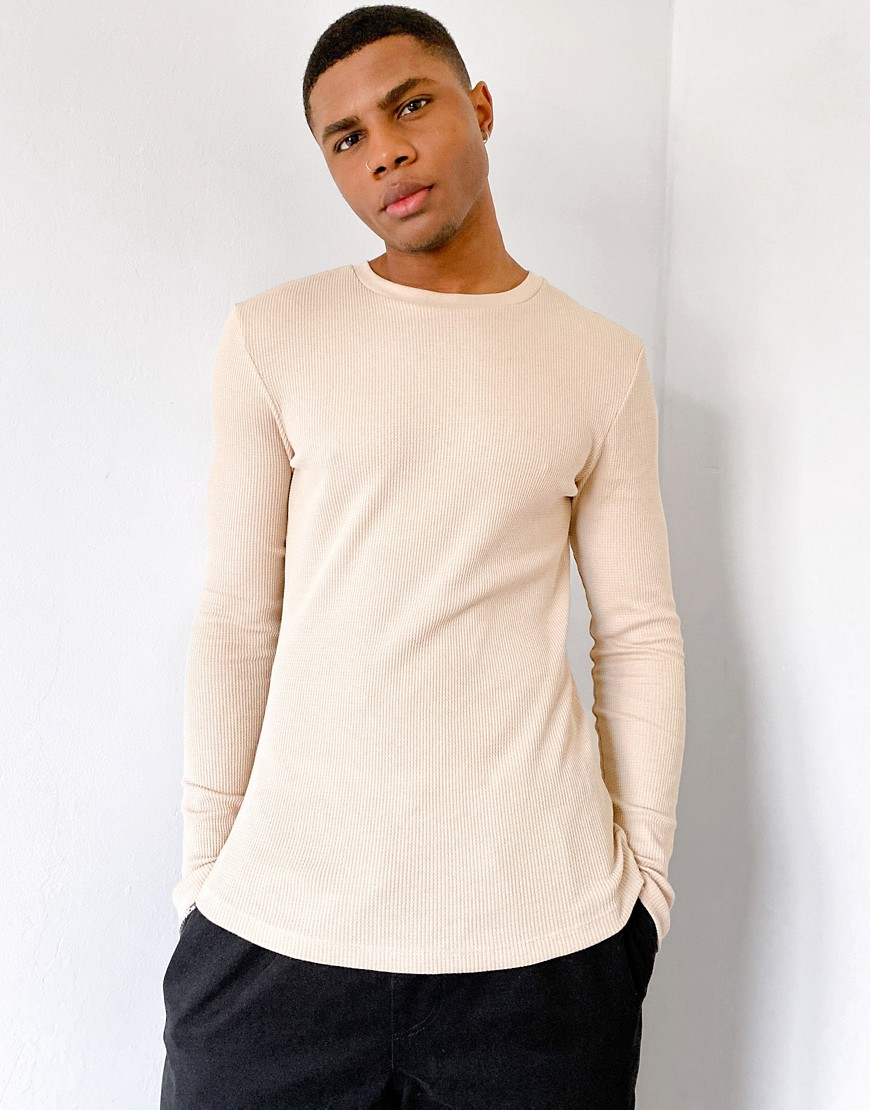 ASOS DESIGN muscle fit long sleeve waffle t-shirt in beige-Neutral