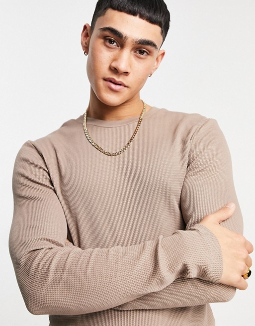 ASOS DESIGN muscle fit long sleeve waffle t-shirt in brown