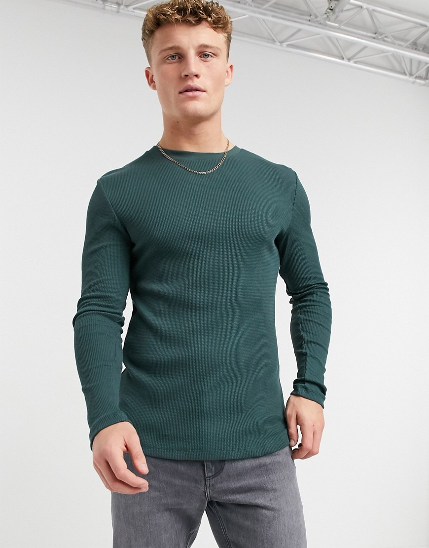 ASOS DESIGN muscle fit long sleeve waffle t-shirt in dark green