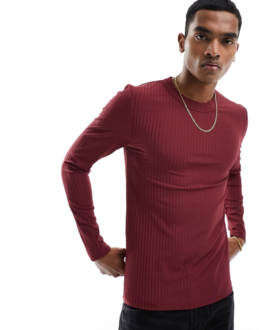 ASOS DESIGN muscle fit long sleeved t-shirt in burgundy with rib detail-Red