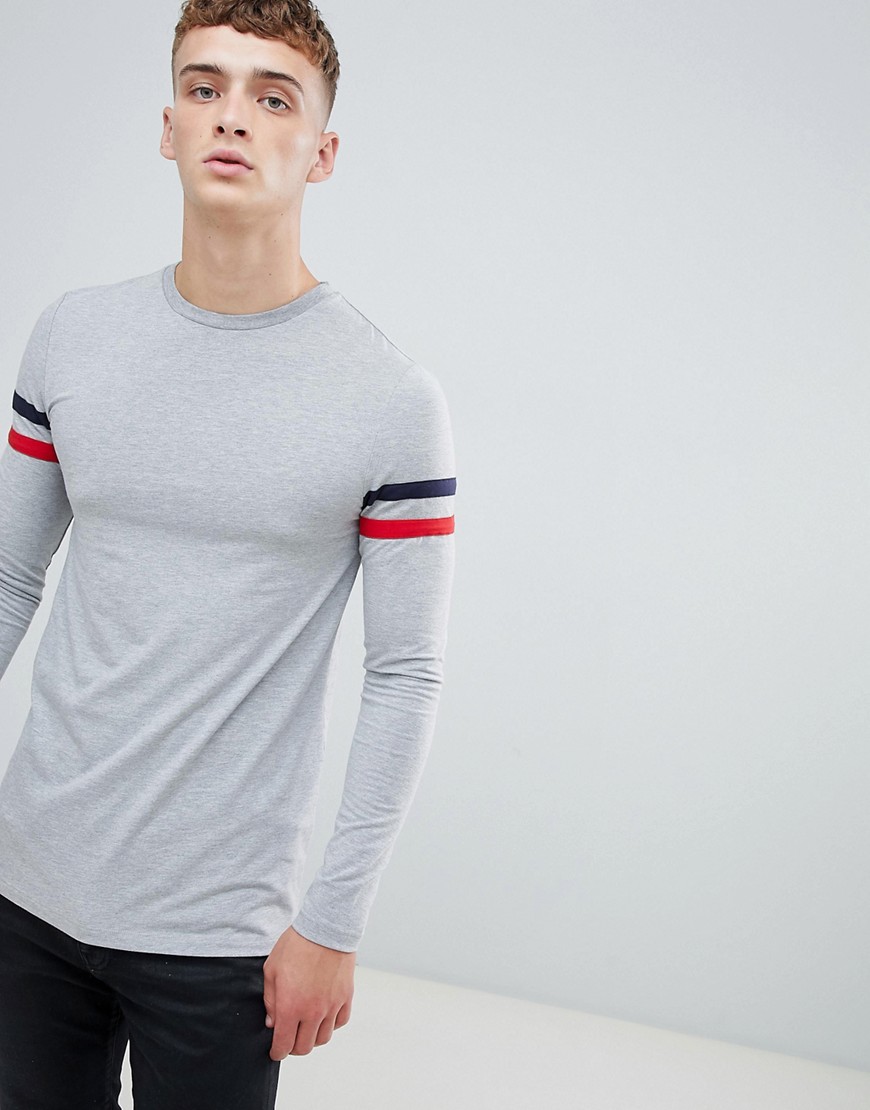 ASOS DESIGN muscle fit longline long sleeve t-shirt with contrast sleeve panels in grey marl