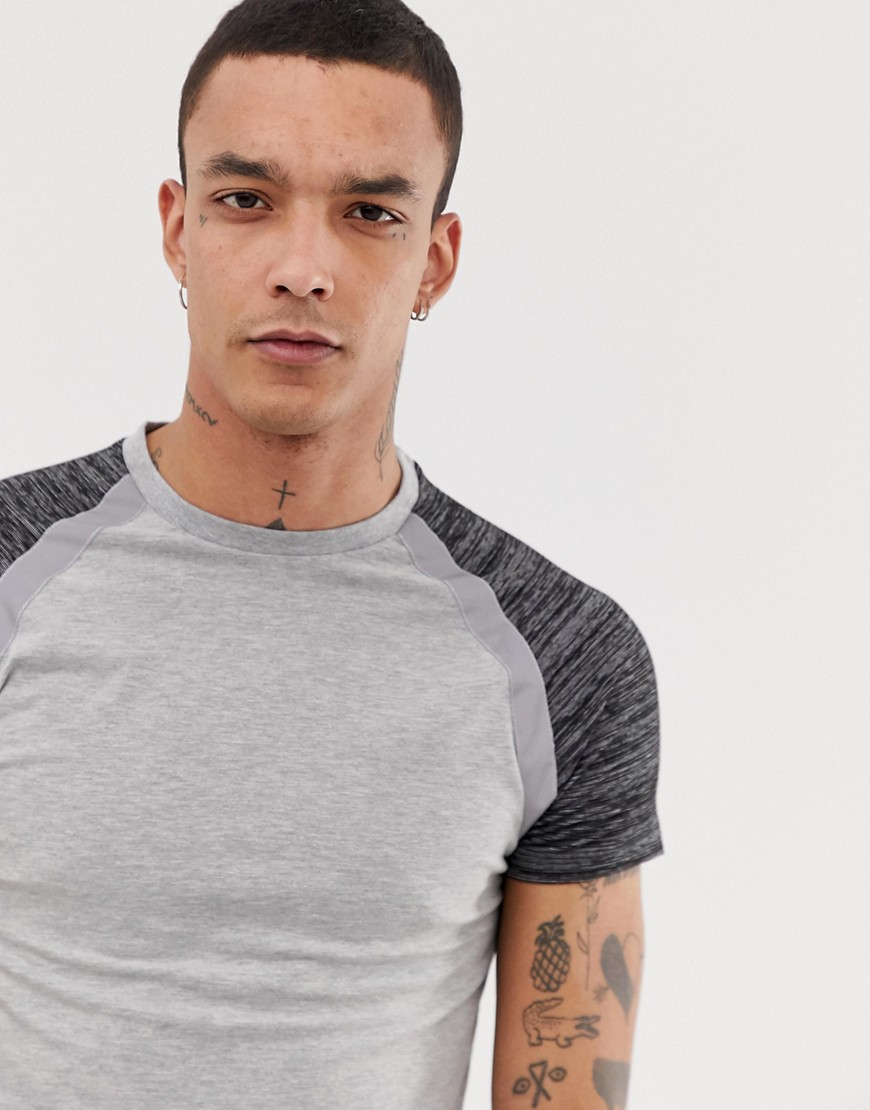 ASOS DESIGN muscle fit longline t-shirt with curved hem and contrast inject sleeves and reflective tape in grey