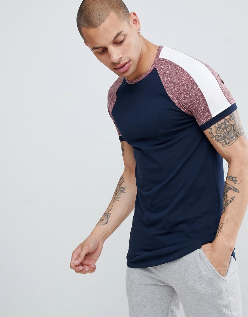 ASOS DESIGN muscle fit longline t-shirt with curved hem and contrast split raglan sleeves in interest fabric-Navy