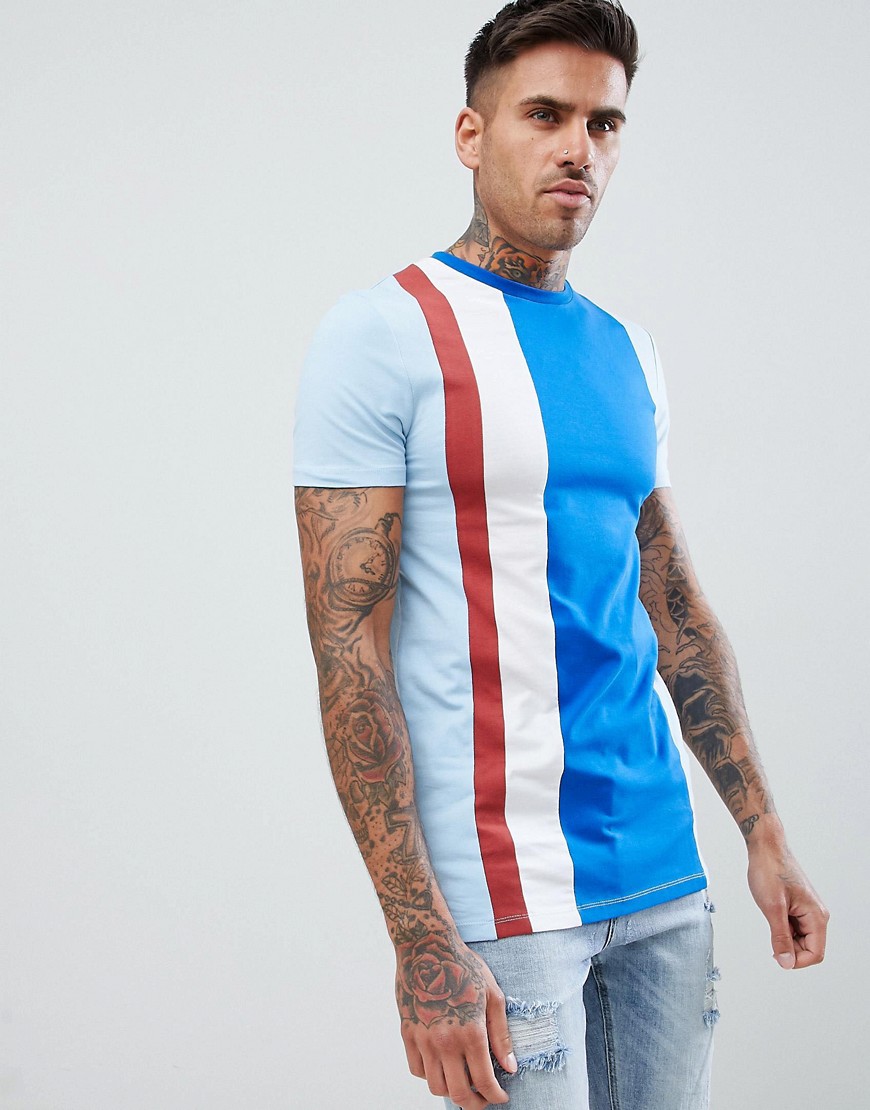 ASOS DESIGN muscle fit longline t-shirt with vertical colour block in blue