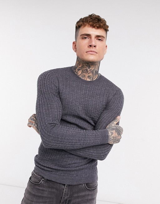 ASOS DESIGN muscle fit merino wool cable knit crew neck jumper in charcoal