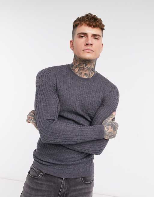 ASOS DESIGN muscle fit merino wool cable knit crew neck jumper in charcoal