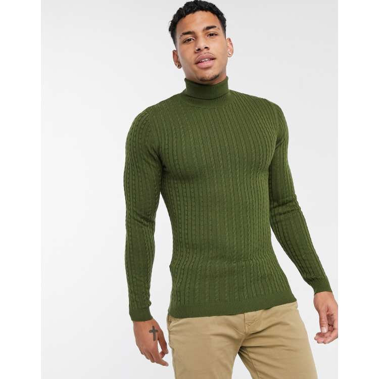 ASOS DESIGN muscle fit merino wool cable knit turtle neck sweater