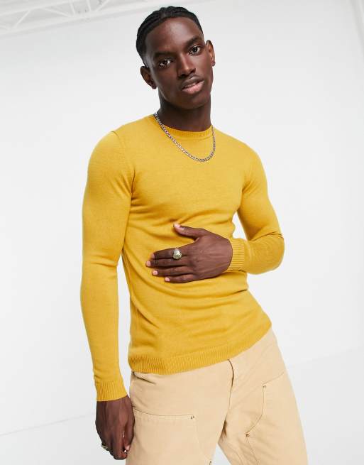 ASOS DESIGN muscle fit merino wool crew neck sweater in mustard | ASOS