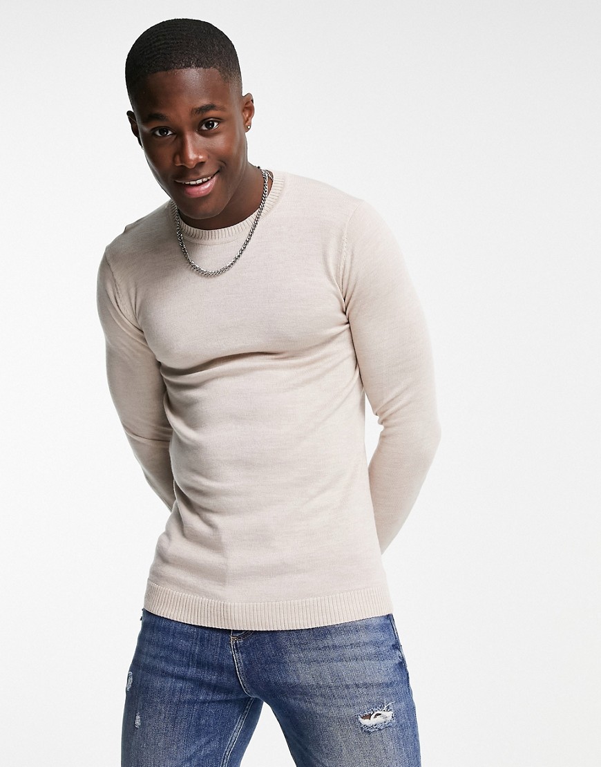 ASOS DESIGN muscle fit merino wool crew neck sweater in oatmeal heather-Neutral