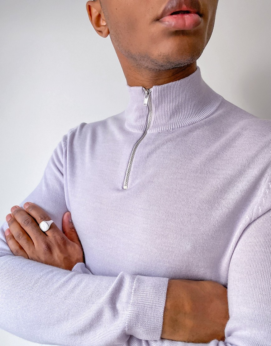 ASOS DESIGN muscle fit merino wool half zip sweater in light gray-Grey