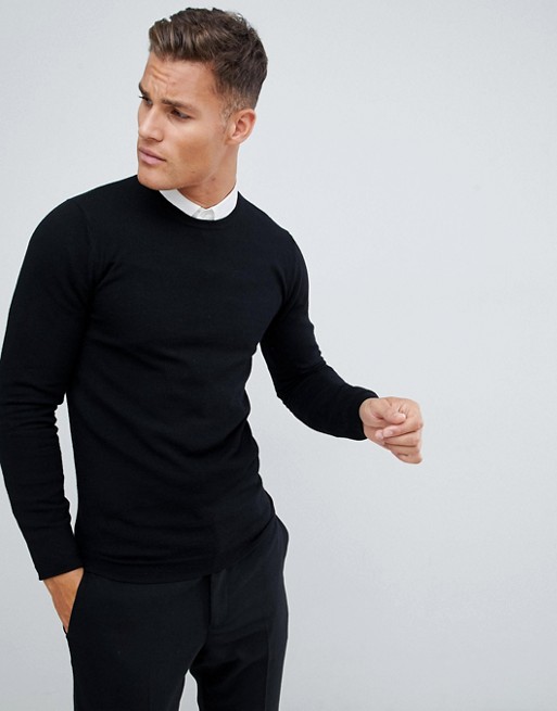 ASOS DESIGN muscle fit merino wool jumper in black | ASOS